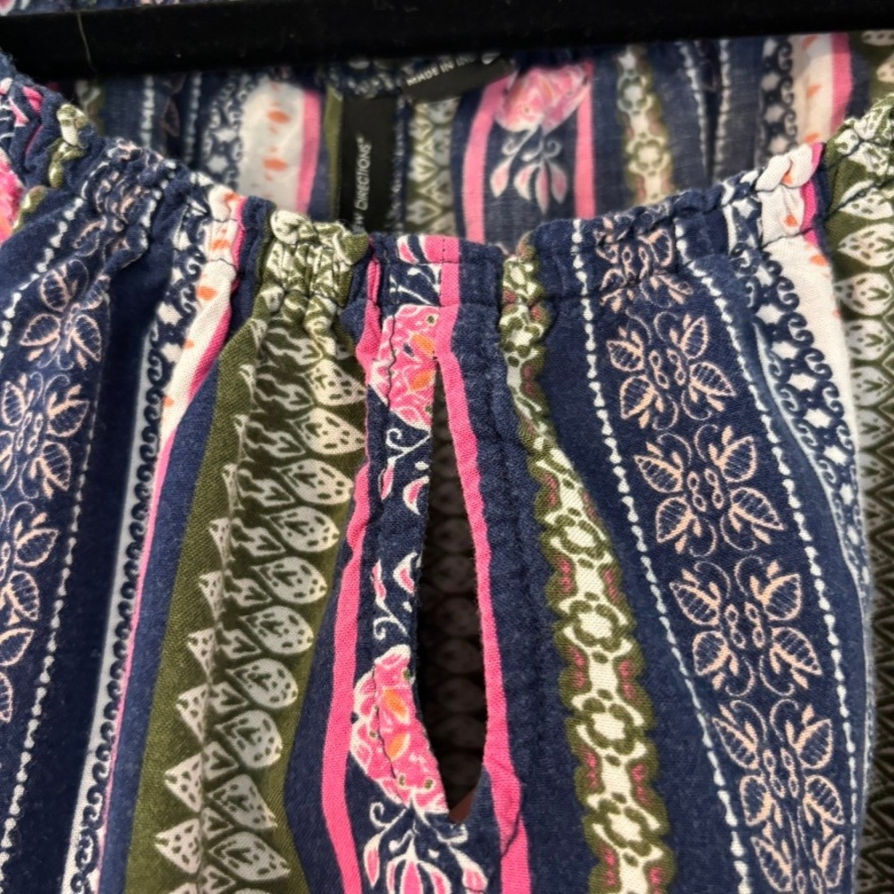New Directions Boho Floral Stripe Bell Sleeve Blouse Navy Pink Olive L‎ - Picture 4 of 9